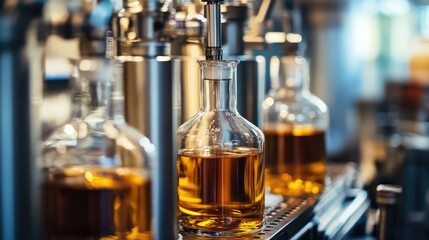 High-tech laboratory setting featuring amber whiskey bottles under meticulous analysis with metallic equipment and soft focus background.