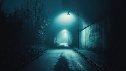 Gothic Street Tunnel at Night Featuring Fog and Streetlight Emitting Blue-Hued Glow Over Wet Pavement in Urban Environment