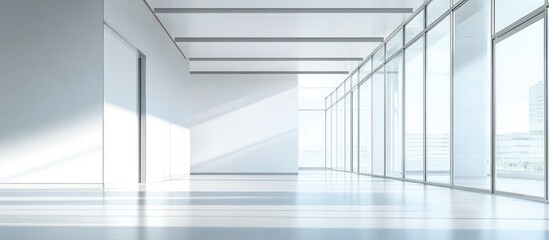 Obraz premium Multicultural business team collaborating in a bright modern office with large glass windows and empty white space ideal for text placement.