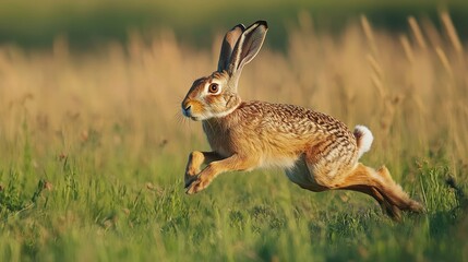 Obraz premium Hare sprinting across a sunlit meadow showcasing natural agility and dynamic movement in a serene countryside setting