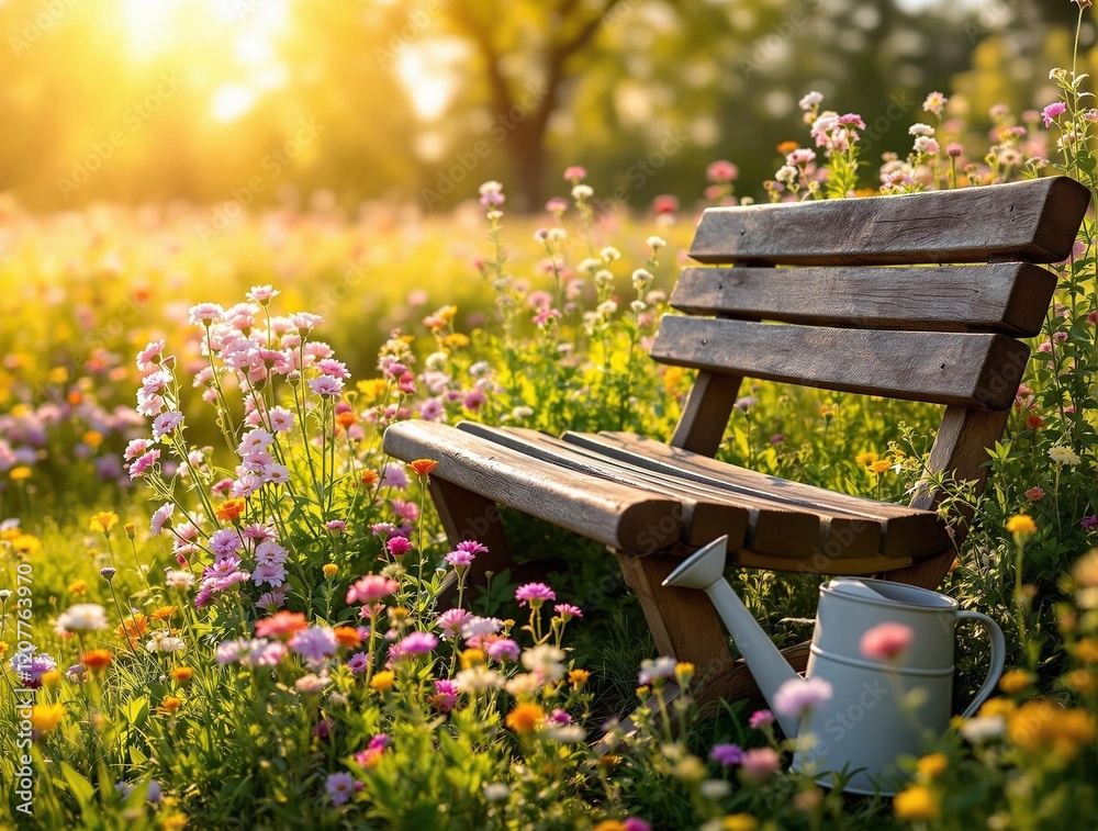 Poster a wooden bench situated in a garden filled with wildflowers and a blue watering can near it. the sce