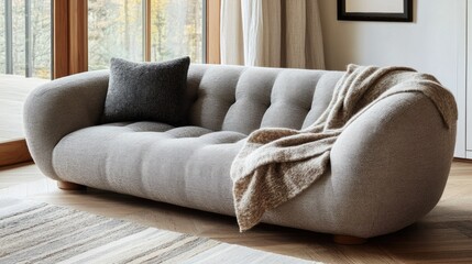 Stylish Gray Sofa with Cozy Throw Blanket on Natural Wood Flooring in Modern Living Room Setting