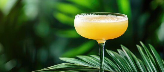 Non alcoholic cocktail in elegant glass on green palm leaf with tropical foliage and empty space for text in soft natural light