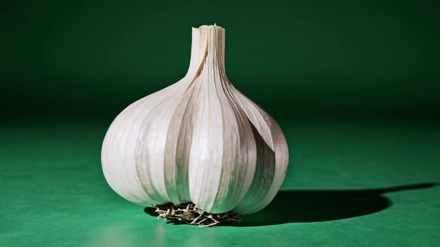Fresh garlic on green surface highlighting its unique texture and shape