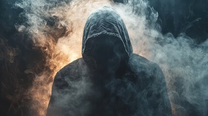 Enigmatic hooded figure shrouded in swirling grey smoke with warm orange glow in a dark atmospheric backdrop