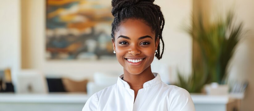 Hotel Receptionist in White Uniform Smiling at Front Desk with Plants and Art Background, Empty Space for Text Below