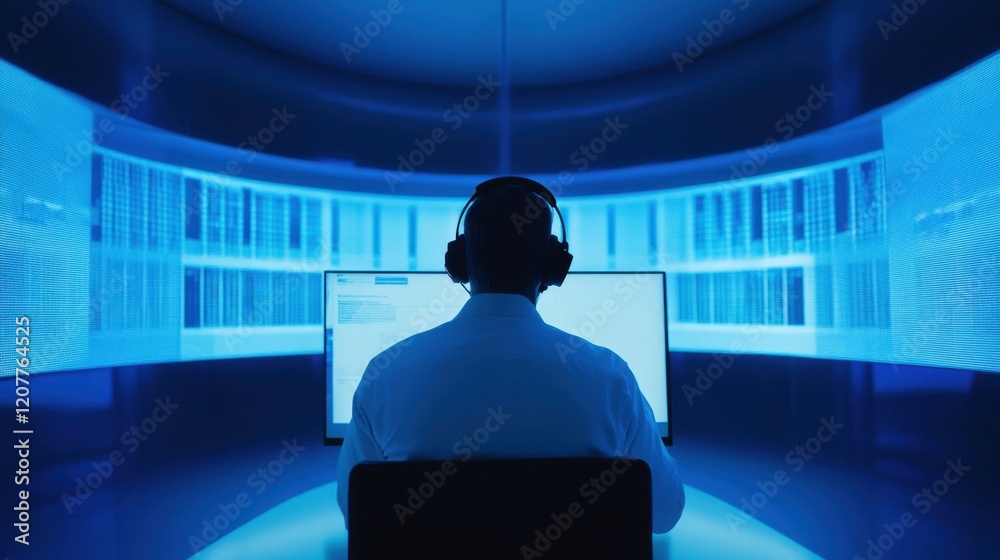 Poster man using headphones at computer in futuristic data environment