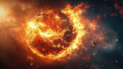 Mythical Dragon Breathing Fiery Flames Over Fiery Earth Surrounded by Dark Space with Explosions and Smoke in Vibrant Orange and Red Colors