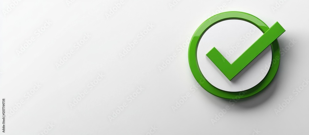Fototapete green check mark icon with circular green border on bright white background featuring space for text