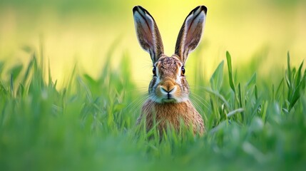 Obraz premium Hare nestled in lush green grass during springtime showcasing nature's tranquility and wildlife in their natural habitat.