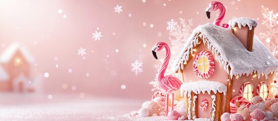 Festive gingerbread house with pink flamingo lights and delicate snowflakes in a soft pastel background creating inviting copy space for festive messages