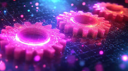 Glowing pink gears meshing on a digital circuit board.  Perfect for tech, engineering, and collaboration concepts.  Highresolution 3D render with vibrant neon lighting.