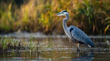 Obraz premium Great Blue Heron Standing in Tranquil Marsh Habitat Surrounded by Lush Vegetation and Reflections in Still Water