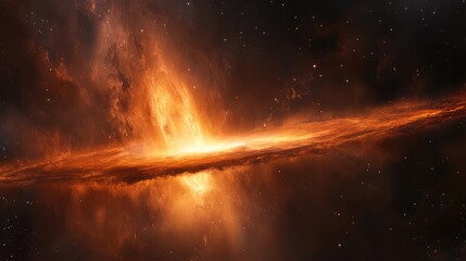 Stunning cosmic scene of a vibrant orange and black galaxy with a bright swirling core in the universe, showcasing deep space elements and stellar features.