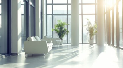 Contemporary waiting area in a startup office featuring ample natural light and modern furnishings for a professional atmosphere