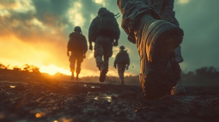 Fototapeta premium Group of armed soldiers walking through rugged terrain, captured from a low angle with boots in the foreground, emphasizing movement, military strength, and teamwork.