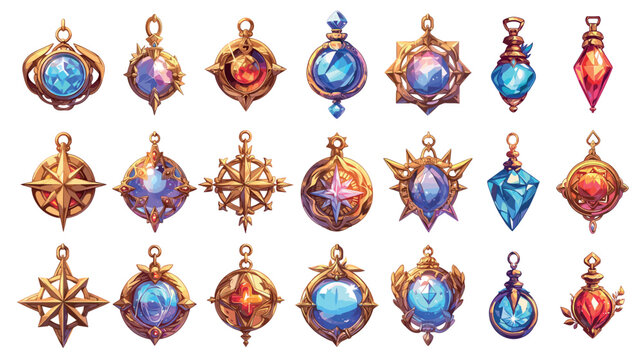 Cartoon magic amulets. Colorful gold pendants with gemstones magical crystals, fantasy game and esoteric jewellery design set vector illustration