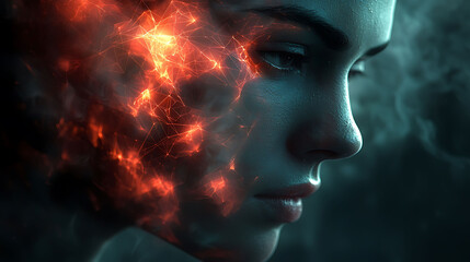Intriguing artistic portrait of a womans face, partially obscured by fiery, networklike energy.