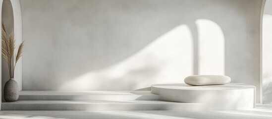 Sleek Minimalist White Concrete Interior Featuring Soft Shadows and Natural Elements with Ample Space for Creative Text Elements