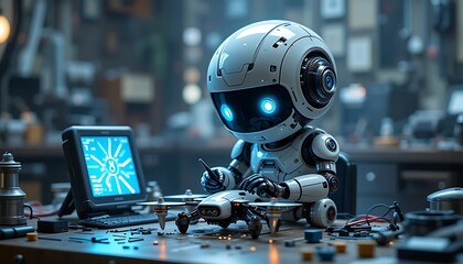 Fototapeta premium Cute Robot Repairing Drone in Workshop