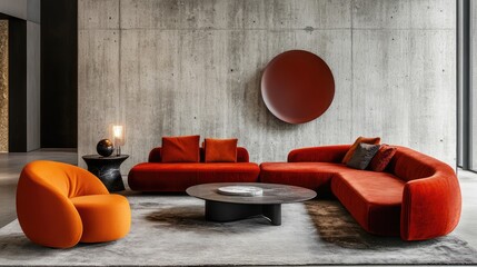 Contemporary living room design with orange velvet sofa and armchair on textured concrete wall elegant apartment decor with round coffee table