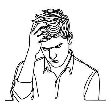 recommend clip art: Continuous line art of a thoughtful person with collared shirt, hand resting on head. vector illustration