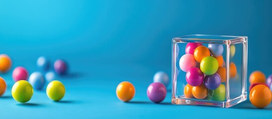 Colorful balls in various hues surrounding a transparent glass cube on a vibrant blue background with ample empty space for text and graphics.