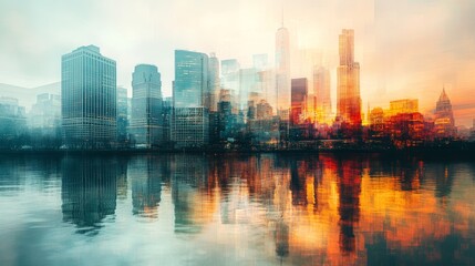 Fototapeta premium Futuristic Cityscape with Vibrant Reflections and Double Exposure Effect 10