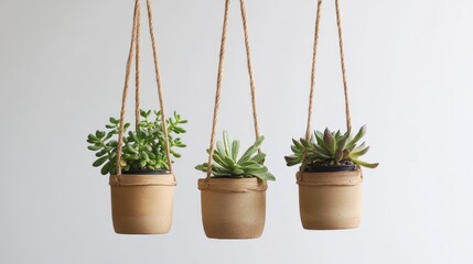Hanging Succulent Pots with Natural Twine on Minimalist Background for Modern Home Decor