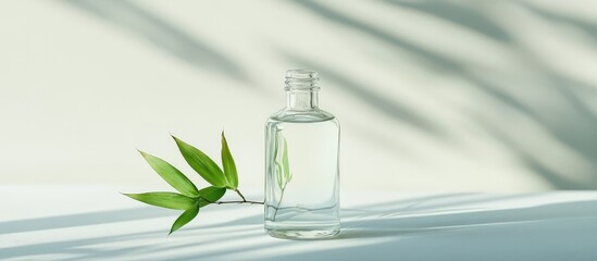 Bamboo leaves and clear liquid in a glass bottle on a white table, soft shadows, and clear space for branding text.