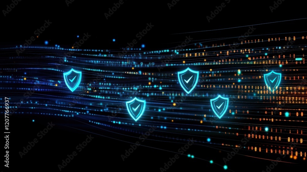Aufkleber cyber security data protection business technology background showing checked shields over binary co
