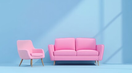 Contemporary interior design with pink upholstery couch and chair against a bright blue wall, emphasizing soft colors and minimalist style.