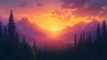 Realistic mountain landscape with morning fog and pine trees creating a serene hiking scene