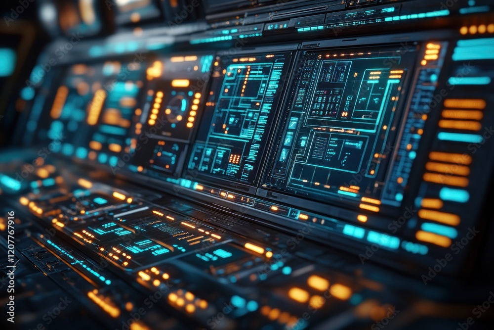 Poster futuristic control panel displaying vibrant data and interface elements in a sci-fi setting