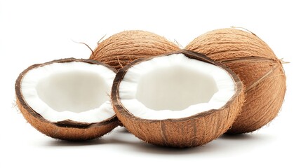 Halved coconuts showcasing their interior texture and fresh white flesh on a clean white background for culinary or tropical themes