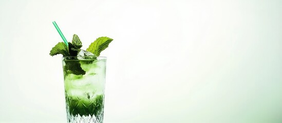 Refreshing Green Mint Cocktail in Crystal Glass with Fresh Mint Leaves on White Background Ideal for Text Placement