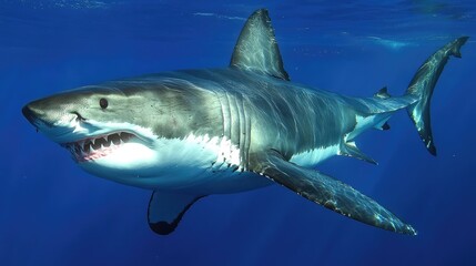 Naklejka premium Great White Shark Swimming Underwater in Dynamic Hunting Pose Captured in Natural Habitat