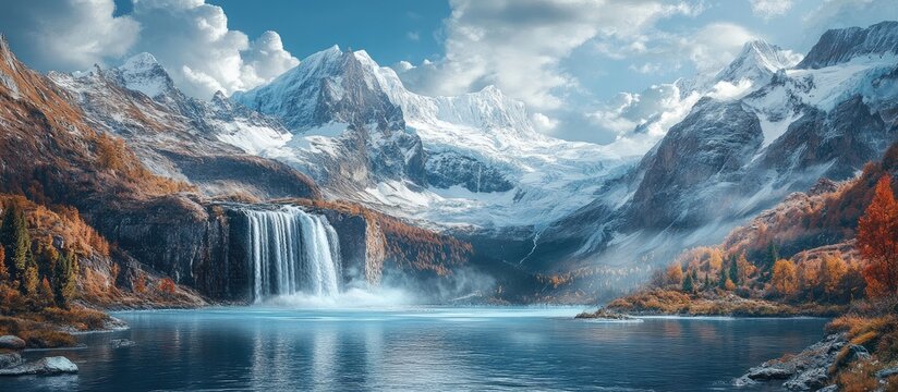Majestic Glacial Waterfall Cascading into Tranquil Blue Lake Surrounded by Spectacular Snow-Capped Mountain Peaks and Autumn-Hued Trees - Powered by Adobe