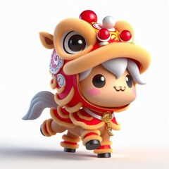 Fototapeta premium 3D Adorable cartoon horse in a lion dance costume, white background