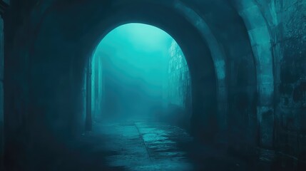 Naklejka premium Mysterious blue glowing tunnel with ethereal fog and shadows, atmospheric stone archways, darkened pathway, enchanting surreal ambiance.