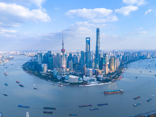 Fototapeta premium Aerial View of Shanghai skyline with Huangpu river