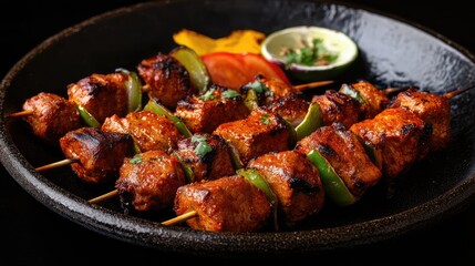 Grilled Mutton Shashlik Skewers with Marinated Meat Garnished with Green Bell Peppers Fresh Vegetables and Spicy Sauce on Black Plate