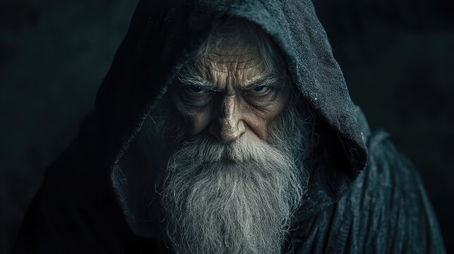Enchanting portrait of an elderly wizard with a long white beard wearing a dark hooded cloak against a muted gray background.