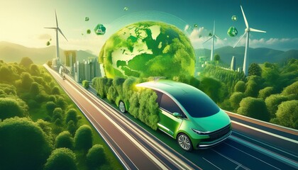 green technology logistics or sustainable transport concept travel with clean energy and eco friendly processes to net zero carbon emission ev electric vehicle circular green economy