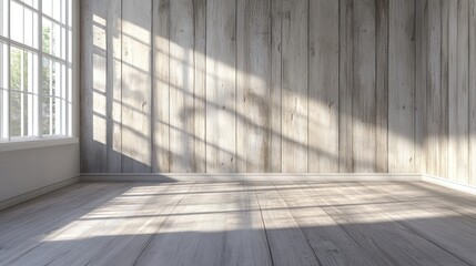 Bright and Airy Gray Wooden Living Room Interior with Sunlight and Blank Wall for Modern Home Decor Concepts