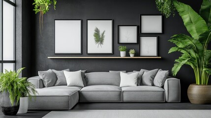 Contemporary living room interior with minimalist black wall, gray sectional sofa, boho decorative shelf, framed art, and vibrant green potted plants.