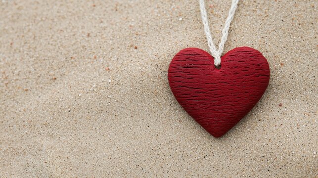 Red wooden heart pendant hanging on a string on a sandy beach