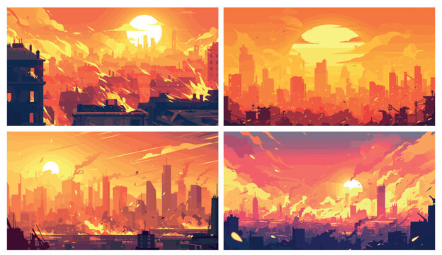 City in fire. Burning urban skyline with flames smoke destroyed buildings, war apocalypse disaster landscape vector illustration