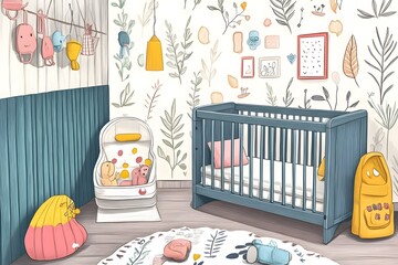 Hand-drawn nursery room interior with baby crib, colorful wallpaper, toys, and playful accessories, creating a cozy modern design for newborns.