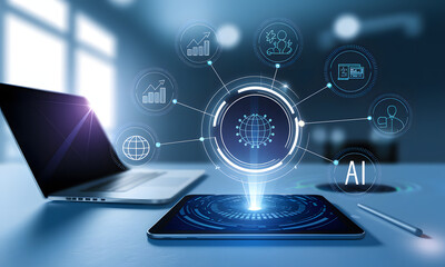 AI ethics or AI globalization concept. Laptop and tablet with ai ethics icon on virtual screen for productivity, technology, standard and business policy